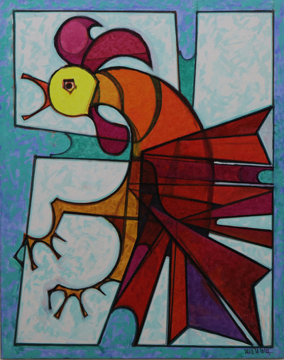 Acrylic on Canvas Painting of Cubist Rooster from Brazil
