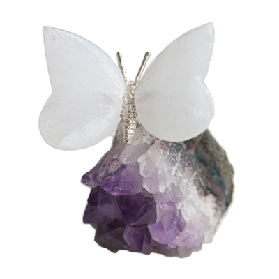 Butterfly With Selenite Wings on Amethyst Stone From Brazil