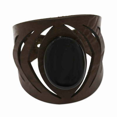 Dark Brown Leather Cuff Bracelet With Black Agate