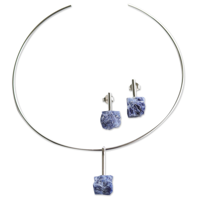 Rhodium Plated Choker and Earrings With Blue Sodalite