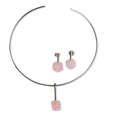Rhodium Plated Necklace and Earrings With Rose Quartz
