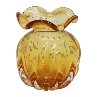 Brazilian Ruffled Yellow Blown Art Glass Vase 6 Inch Wide