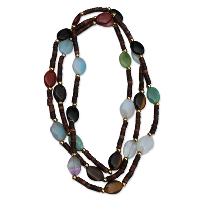 Long Gemstone and Gold Plated Bead Necklace from Brazil