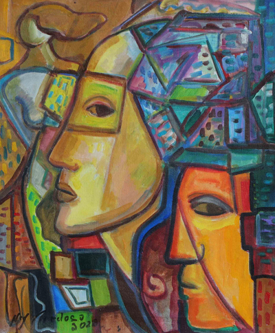 Earthtone Portrait Painting in Cubist Style from Brazil
