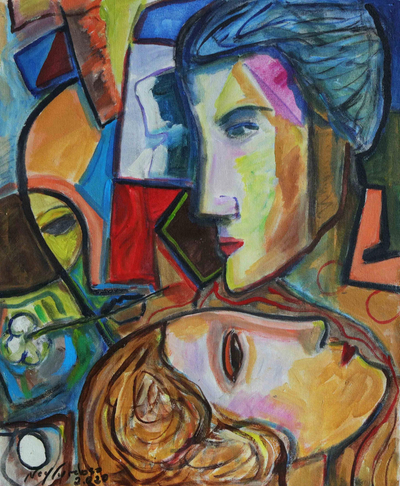 Original Brazilian Cubist Portrait Painting in Jewel Colors