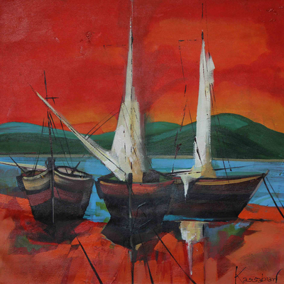 Bright Seascape Paintingo f Boats from Brazil