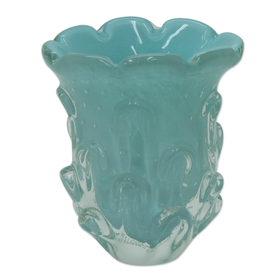 Brazilian Hand Blown Atlantic Blue Art Glass Vase 7 In Tall