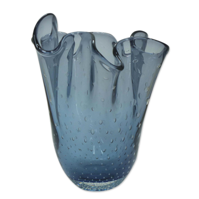 Blue Handblown Ruffled Art Glass Vase from Brazil