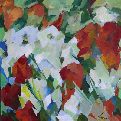 Spring Flowers Painting in Reds and Whites