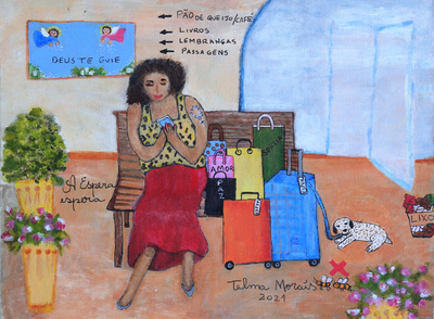 Original Naif Painting of Woman in the Airport