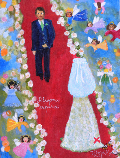 Colorful Naif Painting of Bride and Groom at the Altar
