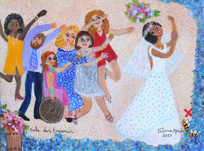 Bride Throws the Bouquet Colorful Naif Painting