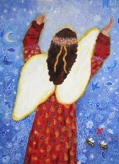 Brazilian Signed Original Naif Painting of an Angel in Red