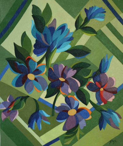 Blue Floral Still Life Painting from Brazil
