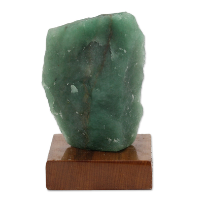 Green Quartz and Pine Wood Sculpture Crafted in Brazil