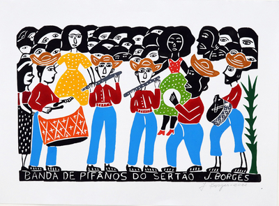 Multicolor Woodcut Print Fife Band Portrait by J. Borges