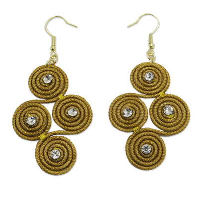 Golden Grass Dangle Earrings with Rhinestones from Brazil