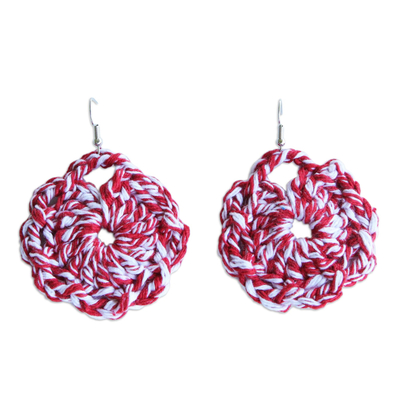 Red and White Crocheted Cotton Dangle Earrings from Brazil