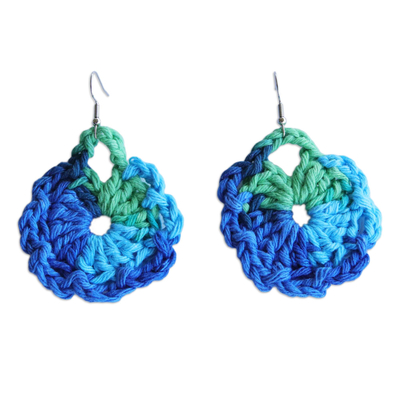 Azure Cotton Dangle Earrings with Crocheted Design