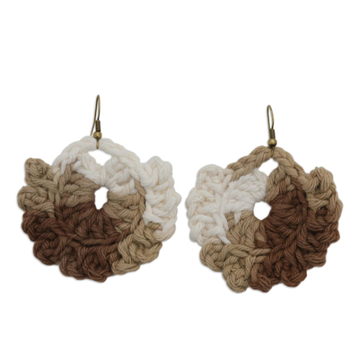 Beige Cotton Dangle Earrings with Crocheted Design
