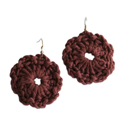 Floral Cotton Dangle Earrings with Raisin Crocheted Design