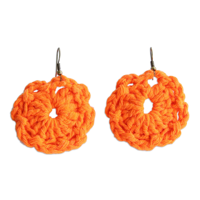 Floral Cotton Dangle Earrings with Melon Crocheted Design