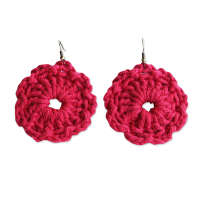 Floral Cotton Dangle Earrings with Carmine Crocheted Design