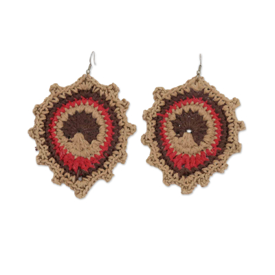Crocheted Peacock Cotton Dangle Earrings in Brown Hues