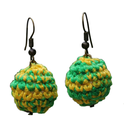 Crocheted Cotton Dangle Earrings in Green and Yellow Hues