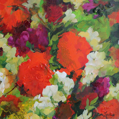 Signed Stretched Acrylic Impressionist Painting of Flowers