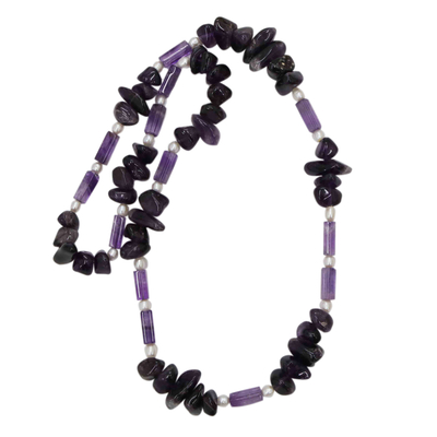 Handcrafted Amethyst and Cultured Pearl Long Beaded Necklace