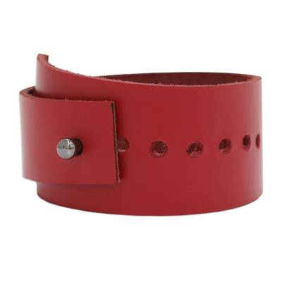 Leather Wristband Bracelet in Crimson with Button Clasp
