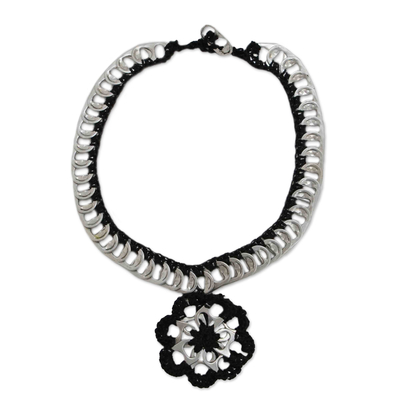 Floral Black Crocheted Soda Pop-Top Pendant Necklace