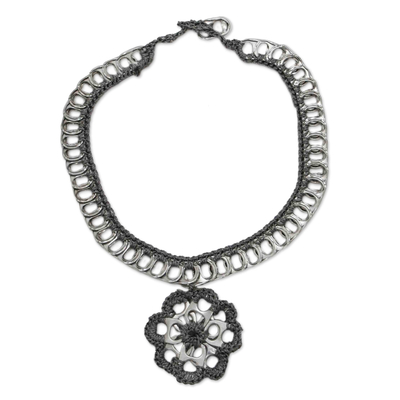 Floral Grey Crocheted Soda Pop-Top Pendant Necklace