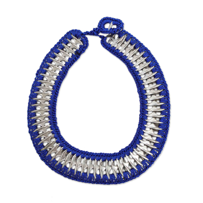 Blue Crocheted Aluminium Soda Pop-Top Statement Necklace