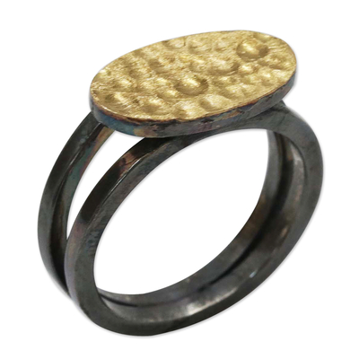 Modern Rhodium-Plated Cocktail Ring with 18k Gold Accent