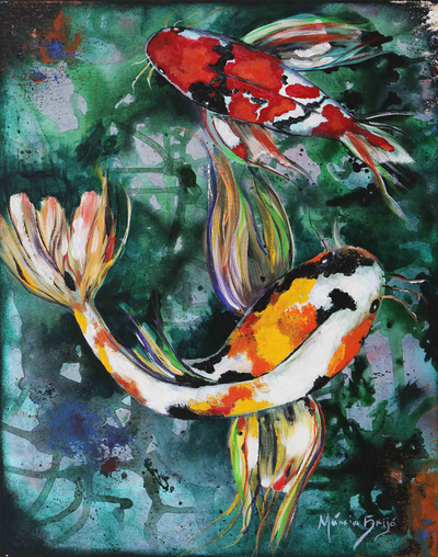 Acrylic Impressionist Stretched Painting of Swimming Carps