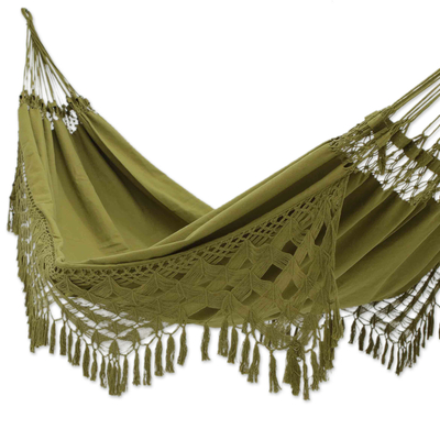Loomed Olive Cotton Hammock with Crocheted Details (Single)