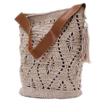 Crocheted Cotton Bucket Bag in Mauve with Tassel from Brazil