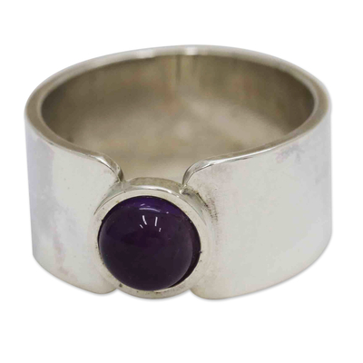 Modern Sterling Silver Single Stone Ring with Amethyst Gem