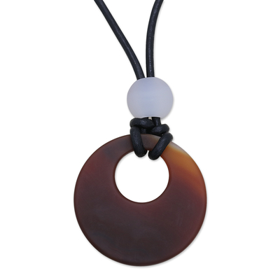 Agate Pendant Necklace with Leather Cord and White Bead