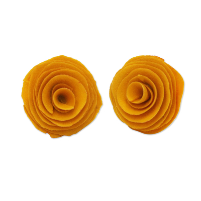 Rose-Themed Honey Eucalyptus Wood Button Earrings