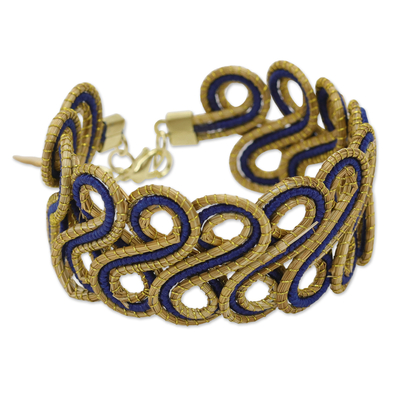 Blue Golden Grass Wristband Bracelet with 18k Gold Accents