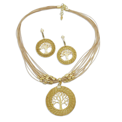 Gold-Accented Beaded Golden Grass Necklace and Earrings