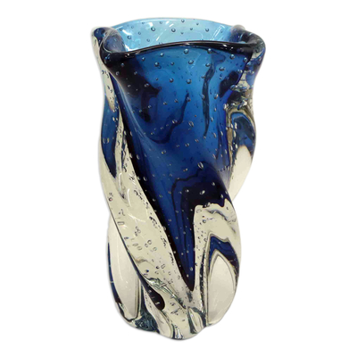 Handblown Murano-Inspired Twisted Blue Art Glass Vase