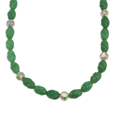 Green Quartz Beaded Necklace with Floral Cloisonné Accents
