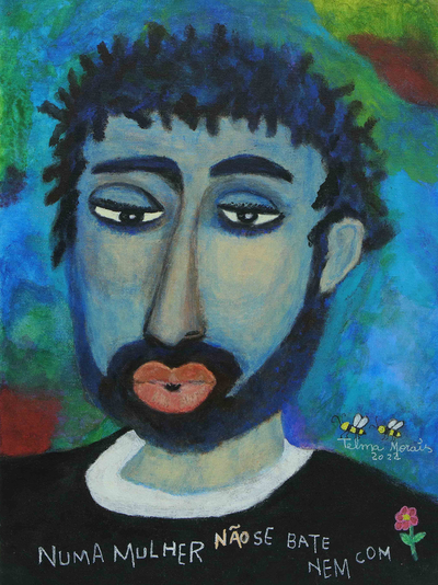 Acrylic on Canvas Portrait of Man in Naif Style from Brazil