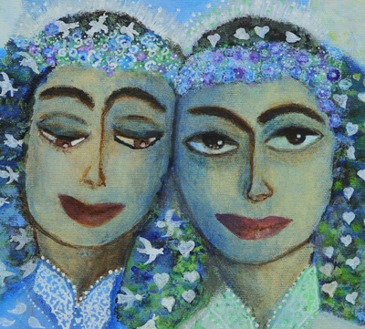 Acrylic on Canvas Portrait of Two Women in Naif Style