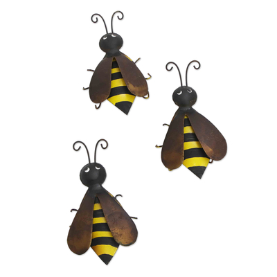 Set of 3 Handcrafted Bee-Themed Iron Figurines from Brazil