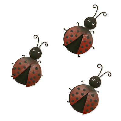 Set of 3 Ladybug Iron Figurines Crafted and Painted by Hand